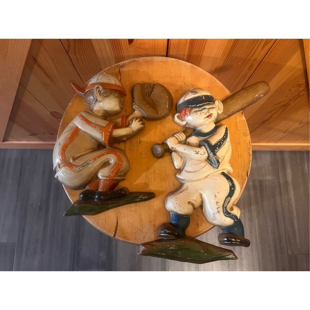 Pair of Sexton 1970 Metal Baseball Players Wall Hangers 1 Catcher, 1 Hitter (758